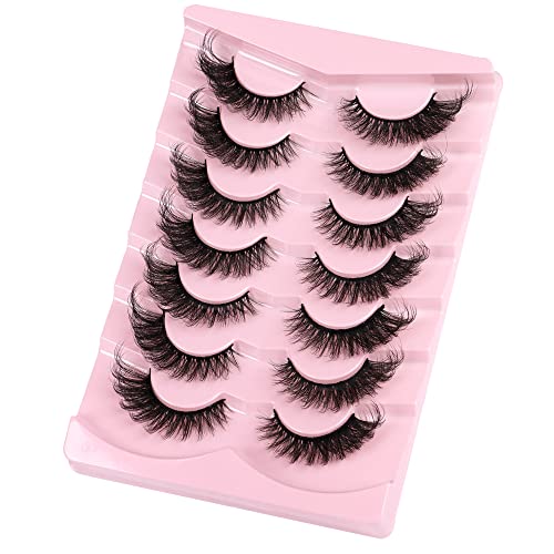 Cat Eye Fake Lashes Dramatic False Eyelashes Faux Mink Lashes Extension Wispy Fluffy Natural Look 7 Pairs Pack Fox Eye Lash 8D Volume Thick long Reusable Light Cruelty-Free