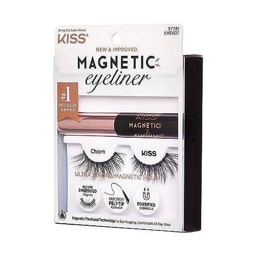 Kiss Lashes Magnetic Eyeliner & Lash Kit, Charm, 1 Pair of Synthetic False Eyelashes With 5 Double Strength Magnets and Smudge Proof, Biotin Infused Black Magnetic Eyeliner with Precision Tip Brush