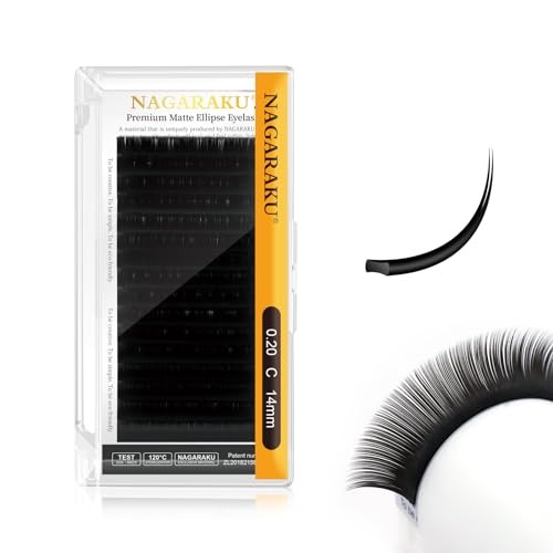 Nagaraku Premium Ellipse Eyelash Extensions Flat Matte Black Color 0.20mm C curl 14mm Faux Mink Lashes Individual Classic 16 Rows Split Tip Professional Lash Supplies