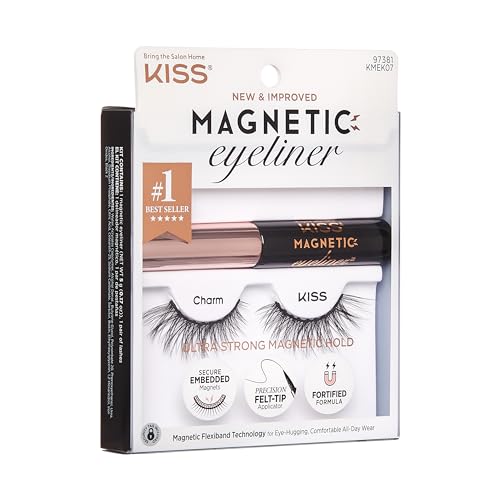 Kiss Lashes Magnetic Eyeliner & Lash Kit, Charm, 1 Pair of Synthetic False Eyelashes With 5 Double Strength Magnets and Smudge Proof, Biotin Infused Black Magnetic Eyeliner with Precision Tip Brush