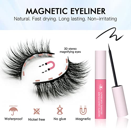 Magnetic Eyelashes, Makeup False Eyelash Kits，Magnetic Lashes with Eyeliner - Waterproof, Natural 3D Reusable Faux Cils Magnetique - Includes Applicator and Waterproof Mascara