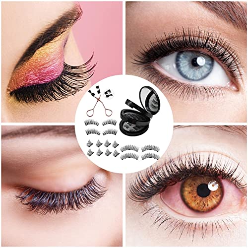 16PCS Reusable Eyelashes with Eyelash Curler,Dual Magnetic False Cat Eyelashes,Easy to Apply, Natural 3D Makeup Tool Accessories