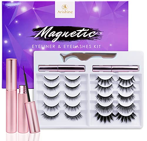 Updated 3D 6D Magnetic Eyelashes with Eyeliner Kit- 2 Tubes of Magnetic Eyeliner & 10 Pairs Magnetic Eyelashes Kit-With Natural Look & Reusable False lashes -No Glue Need