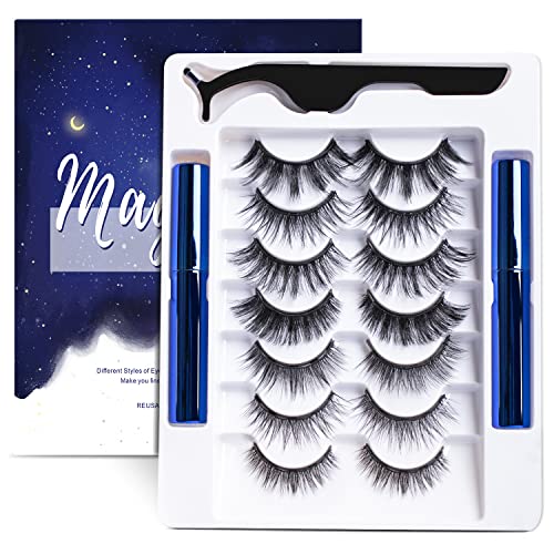 Magnetic Eyelashes and Eyeliner Kit, 7 Pairs Magnetic Lashes 3D Natural Look with Eyeliner and Tweezers, Reusable False Eyelashes Easy to Wear, No Glue Needed, Lightweight, Sweatproof (7 Pairs)