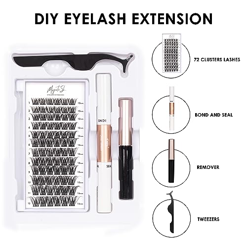 DIY Eyelash Extensions Kit 72 Lash Cluster DIY Lash Extension Kit with Cluster Lashes Bond and Seal Eyelash Glue Remover Lash Applicators Easy to Apply at Home for DIY Eyelashes Extensions（DM01）