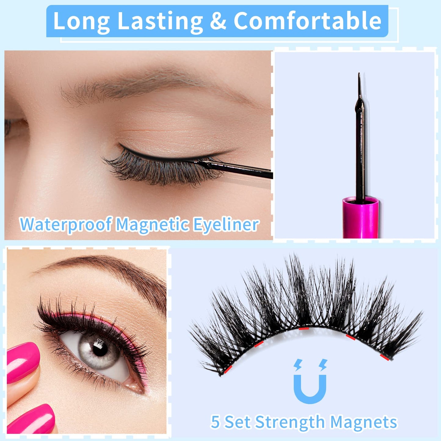 Magnetic Eyelashes Kit, Long Lasting and Reusable Magnetic lashes Natural Look, 14 Pairs False Eyelashes with Magnetic Eyeliner & Tweezers, Easy to Wear, No Glue Needed
