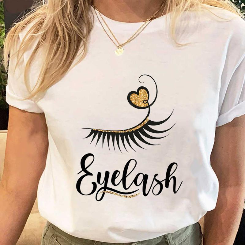 Women's Lips Eyelashes Cartoon Print Loose Round Neck T-Shirt Short Sleeve