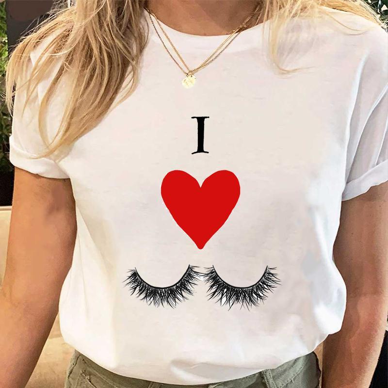 Women's Lips Eyelashes Cartoon Print Loose Round Neck T-Shirt Short Sleeve