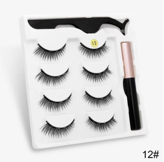 Four Pairs Of Magnetic False Eyelashes Set With Tweezers Eyeliner