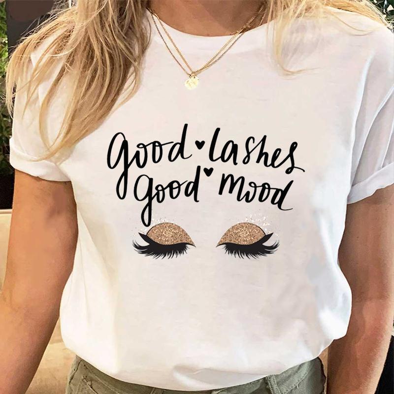 Women's Lips Eyelashes Cartoon Print Loose Round Neck T-Shirt Short Sleeve