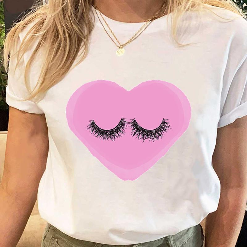 Women's Lips Eyelashes Cartoon Print Loose Round Neck T-Shirt Short Sleeve