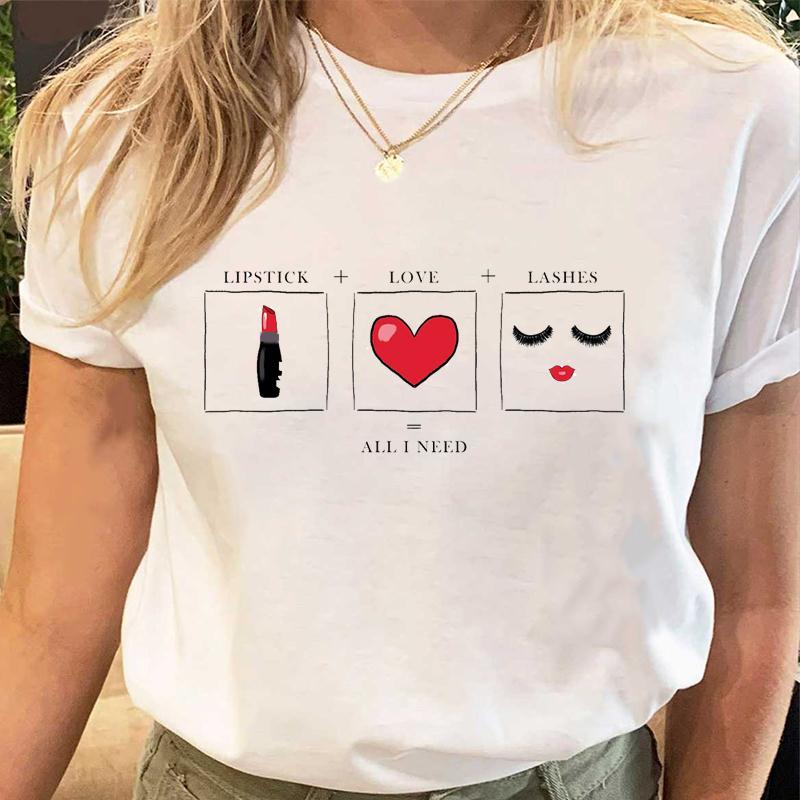 Women's Lips Eyelashes Cartoon Print Loose Round Neck T-Shirt Short Sleeve